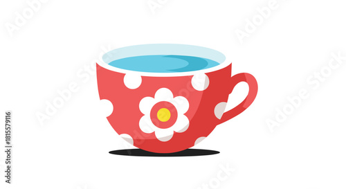 A cheerful cartoon teacup in red with white polka dots and a flower design, filled with water and casting a slight shadow.