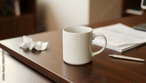 Generative AI office desk scene with coffee mug and documents.
