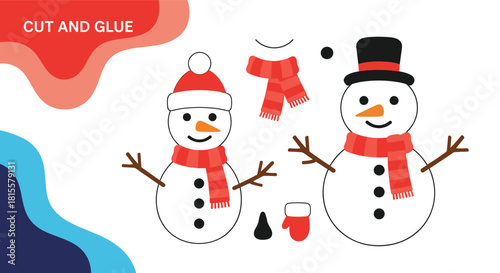 A fun cut and glue educational craft for kids to create two different snowmen with hats, scarves, and other winter accessories.