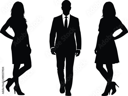 Confident Business Leader Walking Forward Flanked by Stylish Female Professionals in Silhouette, Symbolizing Teamwork, Elegance, Empowerment, and Corporate Unity