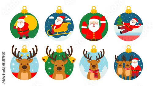 Joyful Christmas Ornaments: A vibrant collection of festive ornaments, each showcasing a unique illustration of holiday cheer. The ornaments feature santa clause and reindeer.