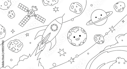 An exciting space adventure coloring page for kids, featuring a rocket, satellite, cute planets, asteroids, and stars to color.