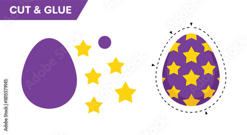 An engaging cut and glue activity for children to decorate a purple Easter egg with bright yellow stars, perfect for fine motor skills.