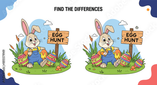 A vibrant find the differences educational game for children featuring a cute Easter bunny on an egg hunt with a wooden sign.