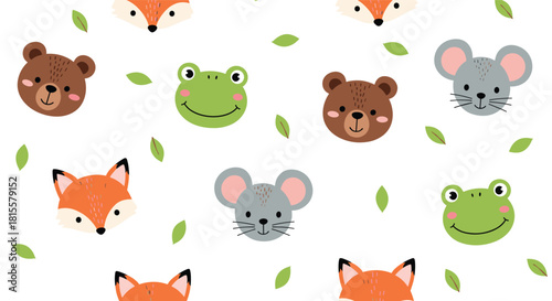 A seamless and adorable woodland animal pattern with cute cartoon faces of a fox, bear, frog, and mouse scattered with green leaves.