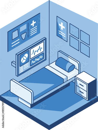 Isometric view of a hospital room with a bed, medical equipment, and monitoring screens on the walls in shades of blue.