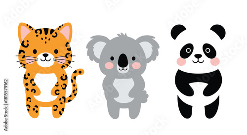 An adorable set of three cute cartoon animals, including a spotted leopard, a gray koala, and a black and white panda.