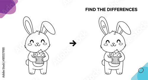 A 'find the differences' educational puzzle for kids with two simple line drawings of a happy bunny holding a cupcake.