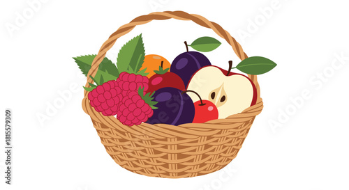 A rustic wicker basket filled with a variety of fresh and colorful fruits, including an apple, plums, raspberries, and an orange.