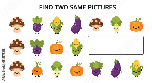 A fun educational game for kids to find two identical pictures among a set of cute and happy kawaii vegetable characters.