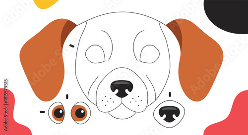A creative cut and glue craft for children to make a dog's face, with printable parts for the eyes, nose, and ears.