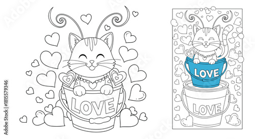 A lovely Valentine's Day coloring page for kids featuring a cute cat with butterfly wings in a bucket of love, surrounded by hearts.