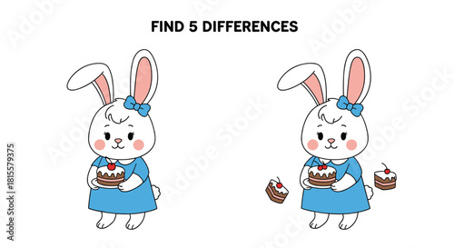 An adorable find the differences picture puzzle for children featuring a cute cartoon bunny holding a chocolate cake with cherries.