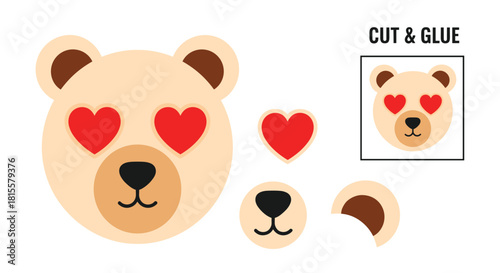 A sweet and simple cut and glue craft for Valentine's Day, allowing kids to create a bear face with large red heart eyes.