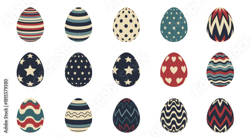 A collection of beautifully decorated Easter eggs with various vintage-style patterns like stripes, stars, and dots in a retro color palette.
