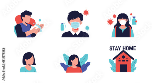 A set of six illustrations showing people following coronavirus prevention guidelines like washing hands, wearing masks, and staying home.