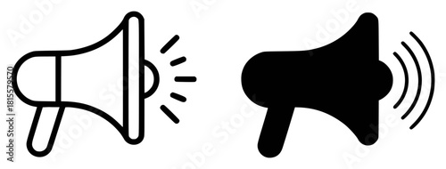 Two Megaphone Icons: One Outline, One Solid Black, Representing Sound and Announcement