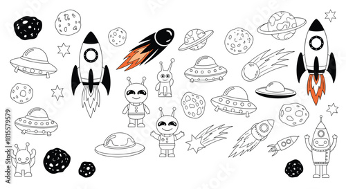 A large and fun collection of space-themed doodles for coloring, including cute aliens, rockets, UFOs, planets, and other celestial objects.