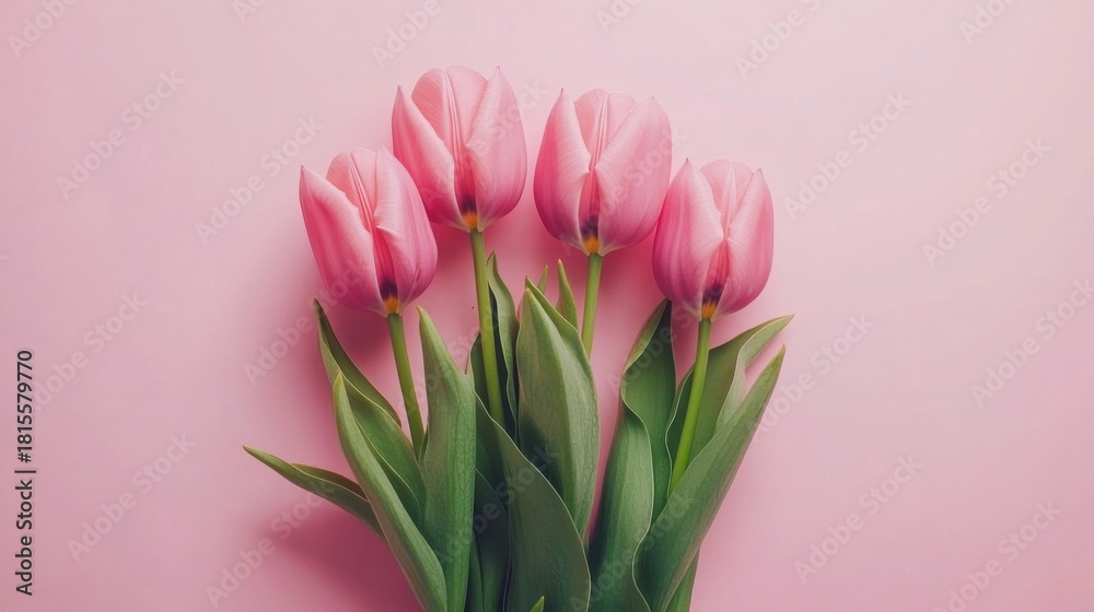 Fototapeta premium Delicate pink tulips blossoming against a soft pastel backdrop offering a touch of springtime