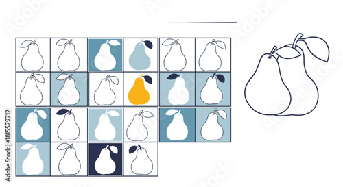 An educational puzzle for children to find the one unique pear among many similar ones arranged in a grid with an outline for coloring.