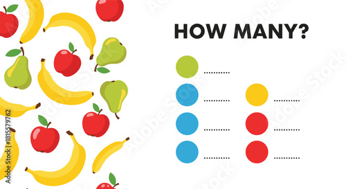 An educational counting game for preschool children, asking 'how many' fruits like apples, bananas, and pears are in the picture.