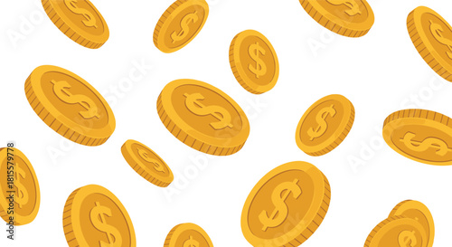 A dynamic illustration of golden dollar sign coins falling or flying on a plain white background, symbolizing wealth and success.