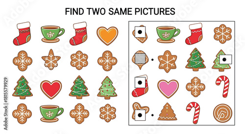 A festive Christmas-themed educational game for kids to find two identical pictures among various gingerbread cookies, socks, and other holiday items.