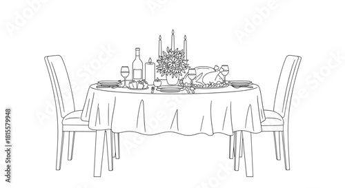An elegant line art illustration of a beautifully set dining table for two, featuring a roast turkey, wine, and candles.