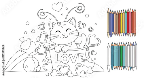 A lovely Valentine's Day coloring page with a cute cat in a love bucket, a bird, and colored pencils for creative activity.
