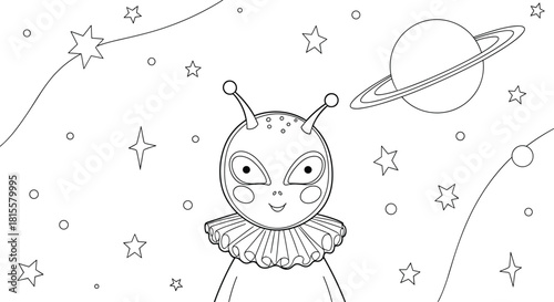 A simple and fun coloring page for children featuring a cute alien character with a ruffled collar against a starry space background.