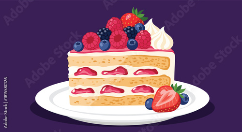 A delicious and beautifully detailed slice of berry layer cake on a plate, topped with fresh raspberries, blueberries, and strawberries.