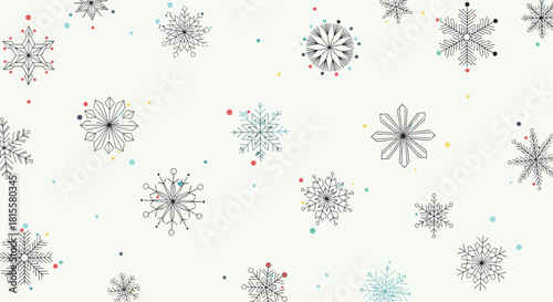 A delicate and modern seamless winter pattern with intricate geometric snowflakes and colorful dots on a light background for the holidays.