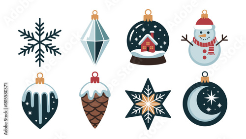Christmas Ornaments: A festive assortment of Christmas ornaments featuring diverse designs. Capture the holiday spirit with classic snowflake, snowman, house.