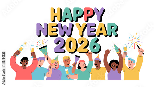 Happy New Year 2026 Celebration: A jubilant group welcomes the new year with a burst of confetti, champagne, and camaraderie, signifying hope, happiness, and new beginnings.