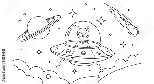 A classic outer space coloring page for kids, featuring an alien in a UFO, the planet Saturn, a meteor, and stars.