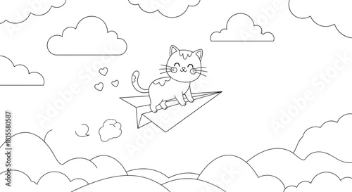 A whimsical coloring page of a happy cat riding on a paper airplane, flying through a sky filled with fluffy clouds.