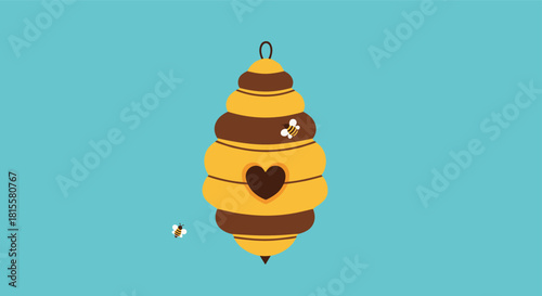 A cute and simple illustration of a beehive with a heart-shaped entrance and two small bees flying around on a blue background.