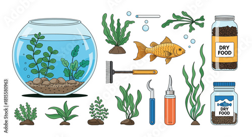 A detailed collection of aquarium and fish care items including a fishbowl, a goldfish, plants, food, and cleaning tools.