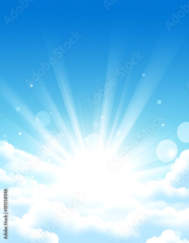 Bright sunburst through fluffy clouds in a vibrant blue sky