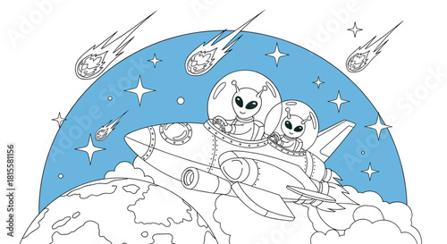 A fun coloring page for kids depicting two friendly aliens flying a rocket ship through space with meteorites in the background.