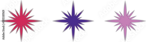 Three colorful stars arranged on a white background each with a unique hue shining brightly with radial energy for abstract art design