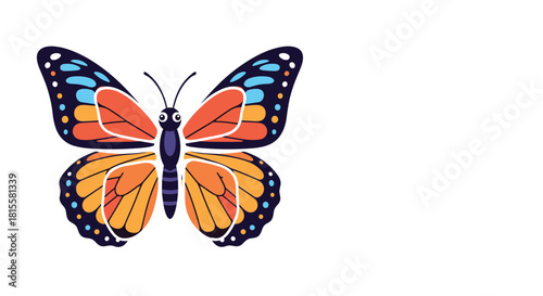 A beautifully detailed illustration of a Monarch butterfly with orange, yellow, and blue patterned wings, isolated on white.