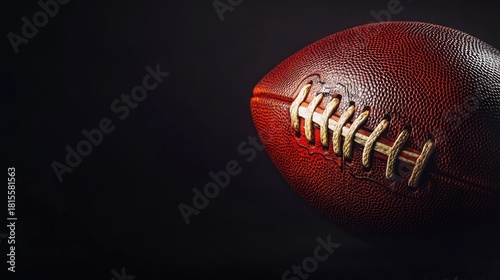 American football ball on black background illuminated by the with copy space on the right side