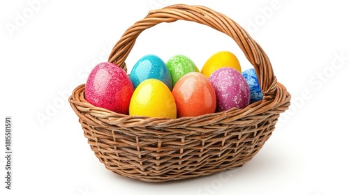 Colorful easter eggs in basket isolated on white background