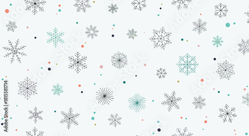 A delicate and seamless winter pattern of various hand-drawn snowflakes and colorful dots on a clean white background.