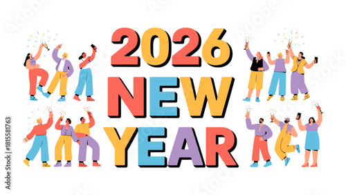 Joyful New Year Celebration 2026: A vibrant illustration depicts the arrival of 2026, with a crowd of people gathered to welcome the new year with excitement and unity.