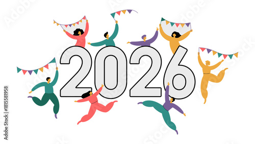 2026 Celebration: A jubilant depiction of the year 2026, where a diverse group of people joyfully decorate and celebrate with colorful pennants.