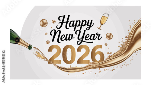 New Year's toast: Festive illustration, Happy New Year 2026 with a bottle pouring champagne, a glass, and gold decor