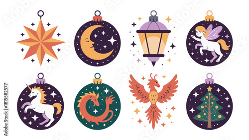 Magical Ornaments: A captivating collection of festive ornaments, each adorned with a unique celestial or mythological design, exudes enchantment and wonder.