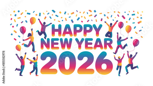 New Year 2026 Celebration: A vibrant and colorful illustration of the upcoming year, featuring celebratory figures. 
